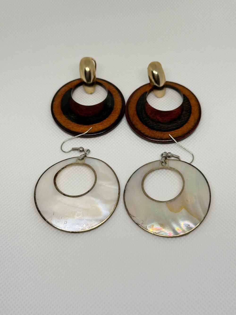 Vintage Earrings set of 2 hoop wooden and mother of pearl